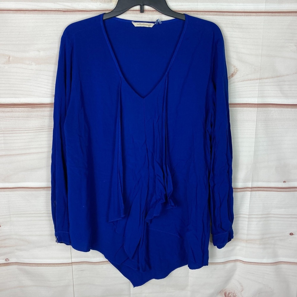 Soft Surroundings‎ Top Womens L Blue V-Neck Blouse Asymmetrical Hem Drapey Solid